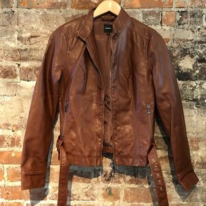 Express Faux Leather Bomber Jacket in Brown